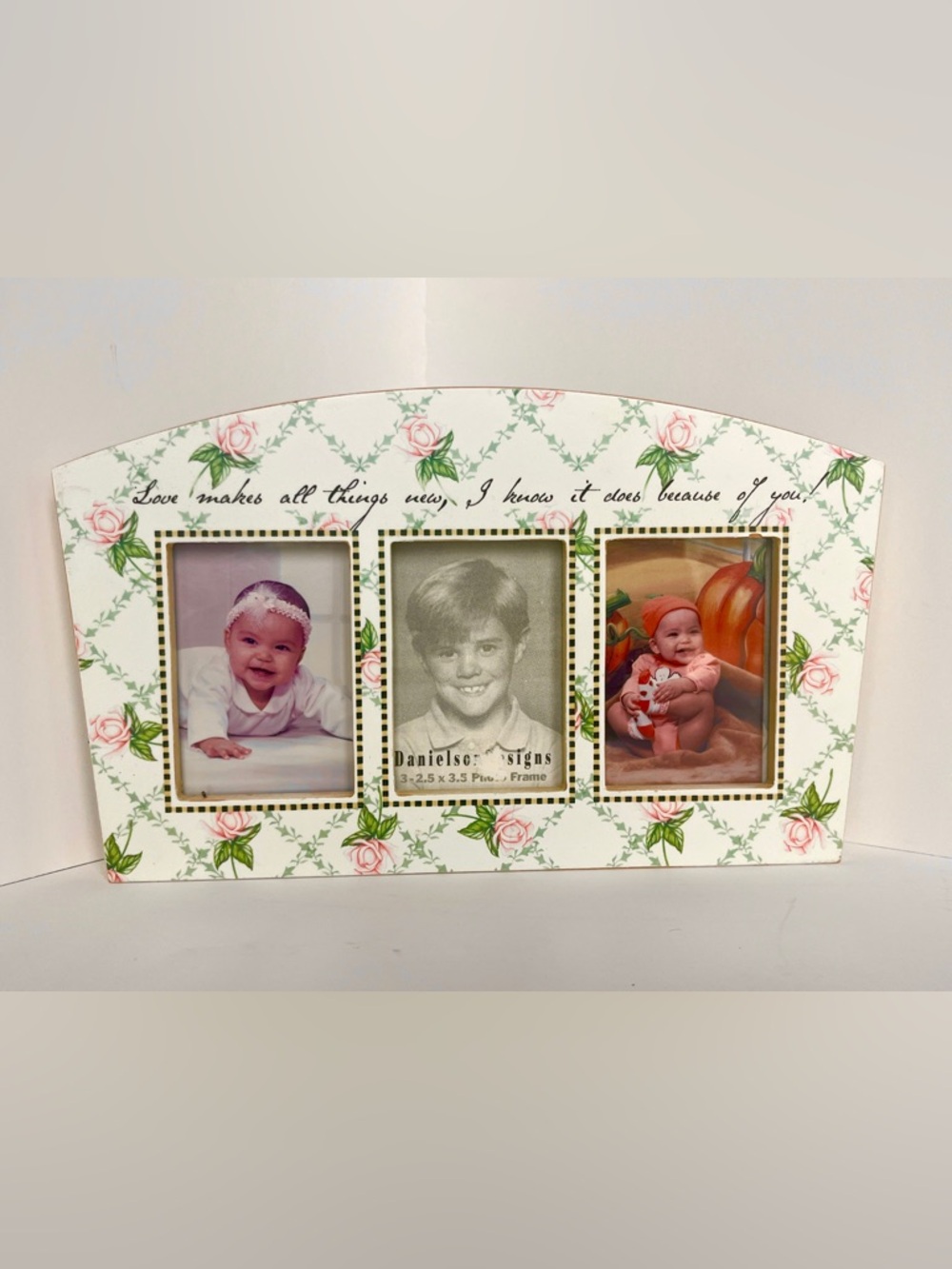 Love Script Triple Photo Frame in White and Pink for wallet photos. 10” x 5”